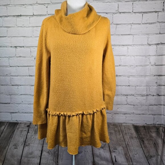 UMGEE WOMENS SWEATER COWL TUNIC NECK MUSTARD RUFFLED BOTTOM WOMENS SMALL - Picture 1 of 9